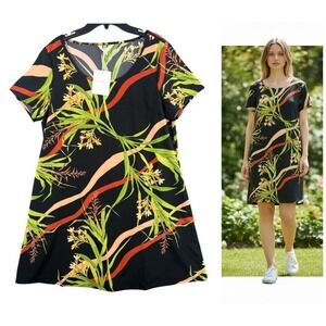 Dina Weis Tropical Floral Summer Shift Dress Size L Black Vacation Cruise NWT